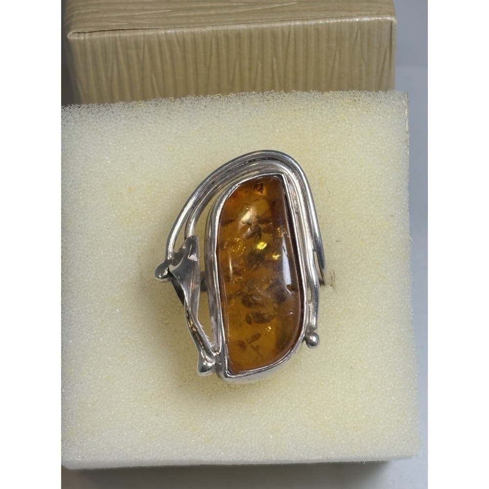 Large Vintage Sterling Silver & Amber Sz 8 Ring